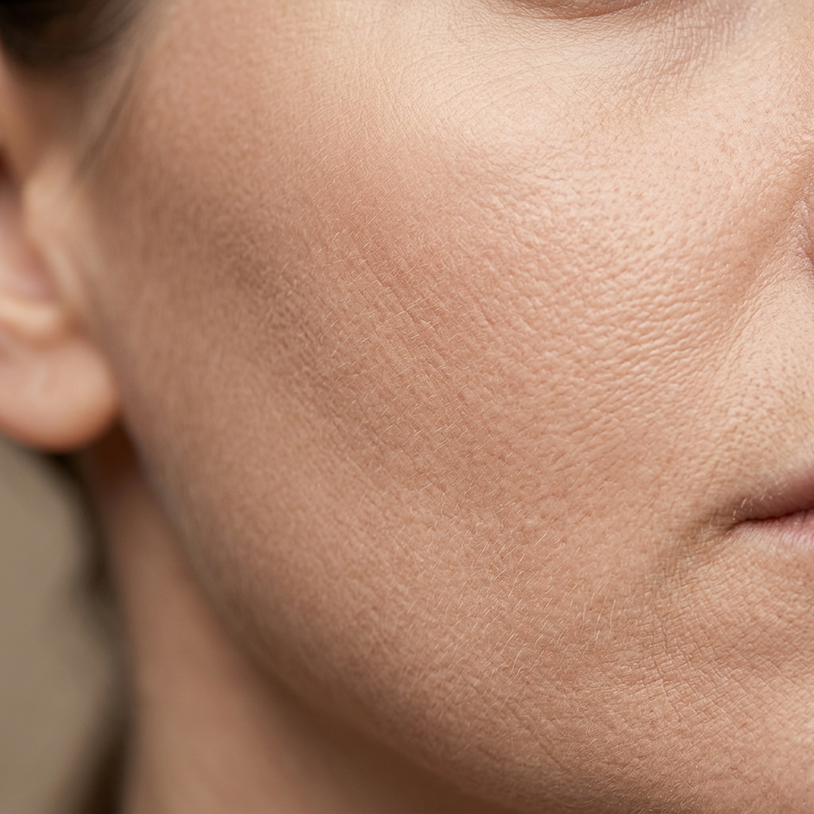 Close-up van een wang met een zichtbaar matte, licht trekkerige huid en fijne droogtelijntjes. Geen schilfers.