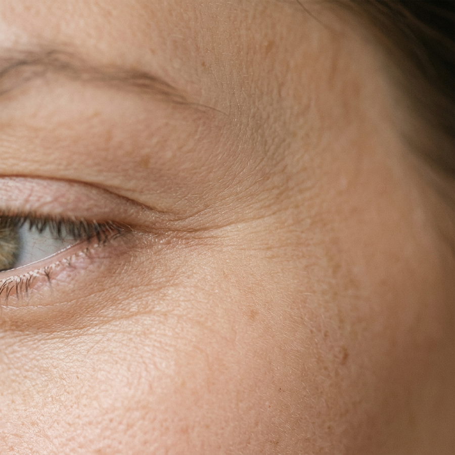 Close-up van de huid naast een oog met zichtbare fijne lijntjes en natuurlijke expressierimpeltjes. Geen diepe rimpels.