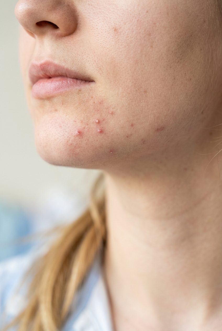Close-up van de kin en onderwang met enkele duidelijk zichtbare kleine puistjes en onzuiverheden. Geen ernstige acne.
