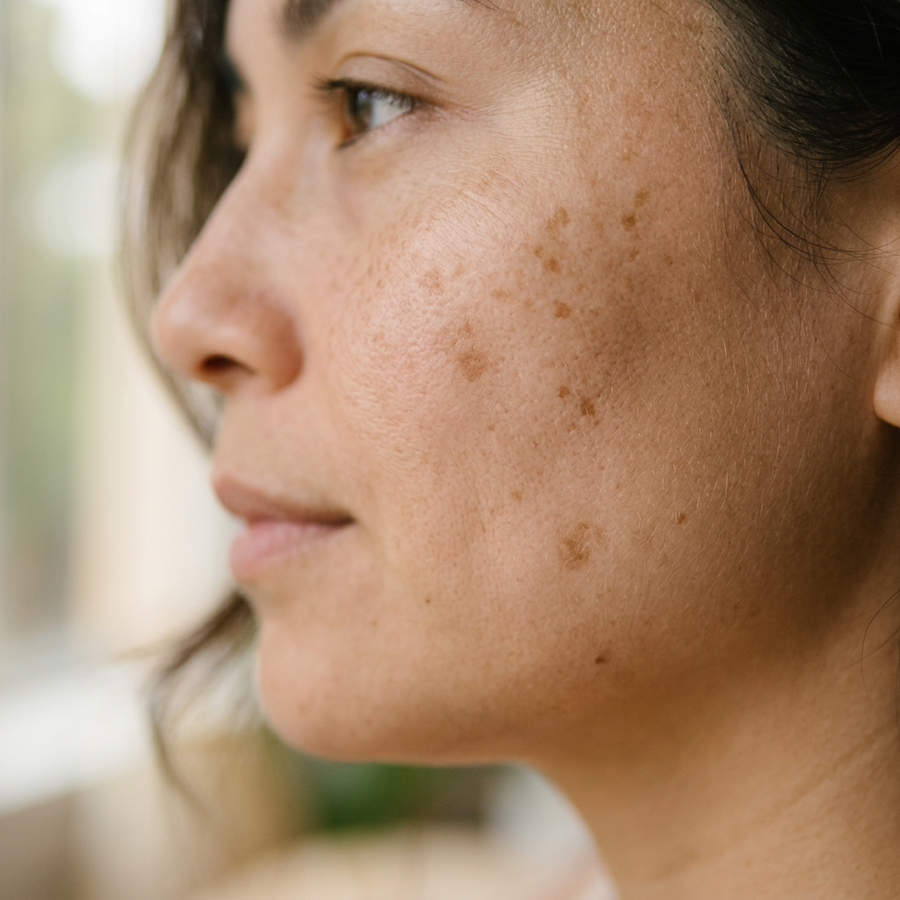 Close-up van een wang met meerdere duidelijk zichtbare, lichtbruine pigmentvlekjes en een wat ongelijkmatige teint.
